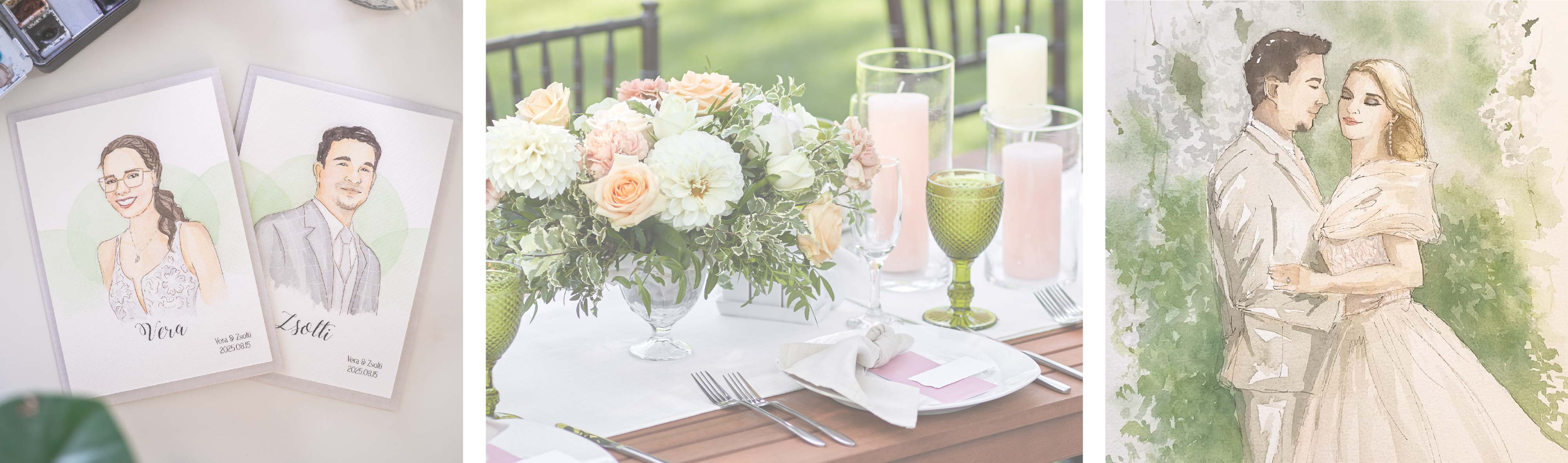 Kollázs esküvői illusztrációkról és dekorációról